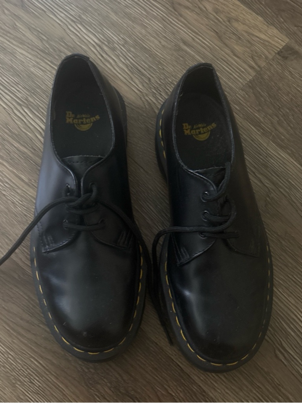 Dr. Martens Men’s Black 3-Eye Leather Oxfords with Yellow Stitching